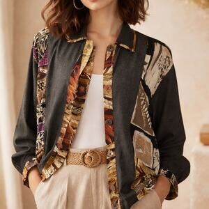 Vintage 80s Nino Wong Boho Jacket Artsy Rayon Button Front Blazer M